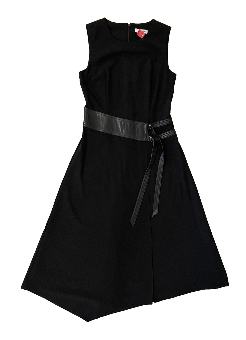 Calvin Klein Sz 6 Black Faux Leather Sleeveless Wrap Dress Career Asymmetrical